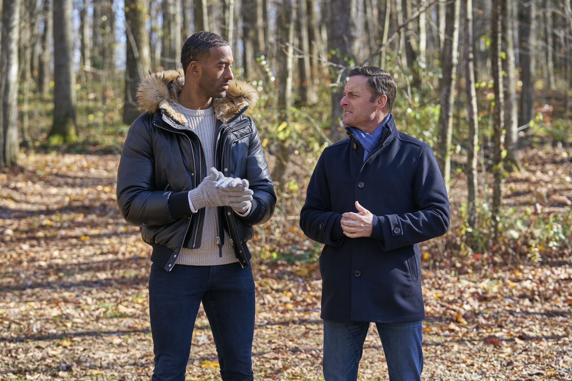 Two men talk to each other in a forest.