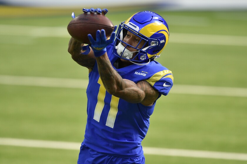 Rams wide receiver Josh Reynolds (11) warms up before an NFL football game against the San Francisco 49ers in November.