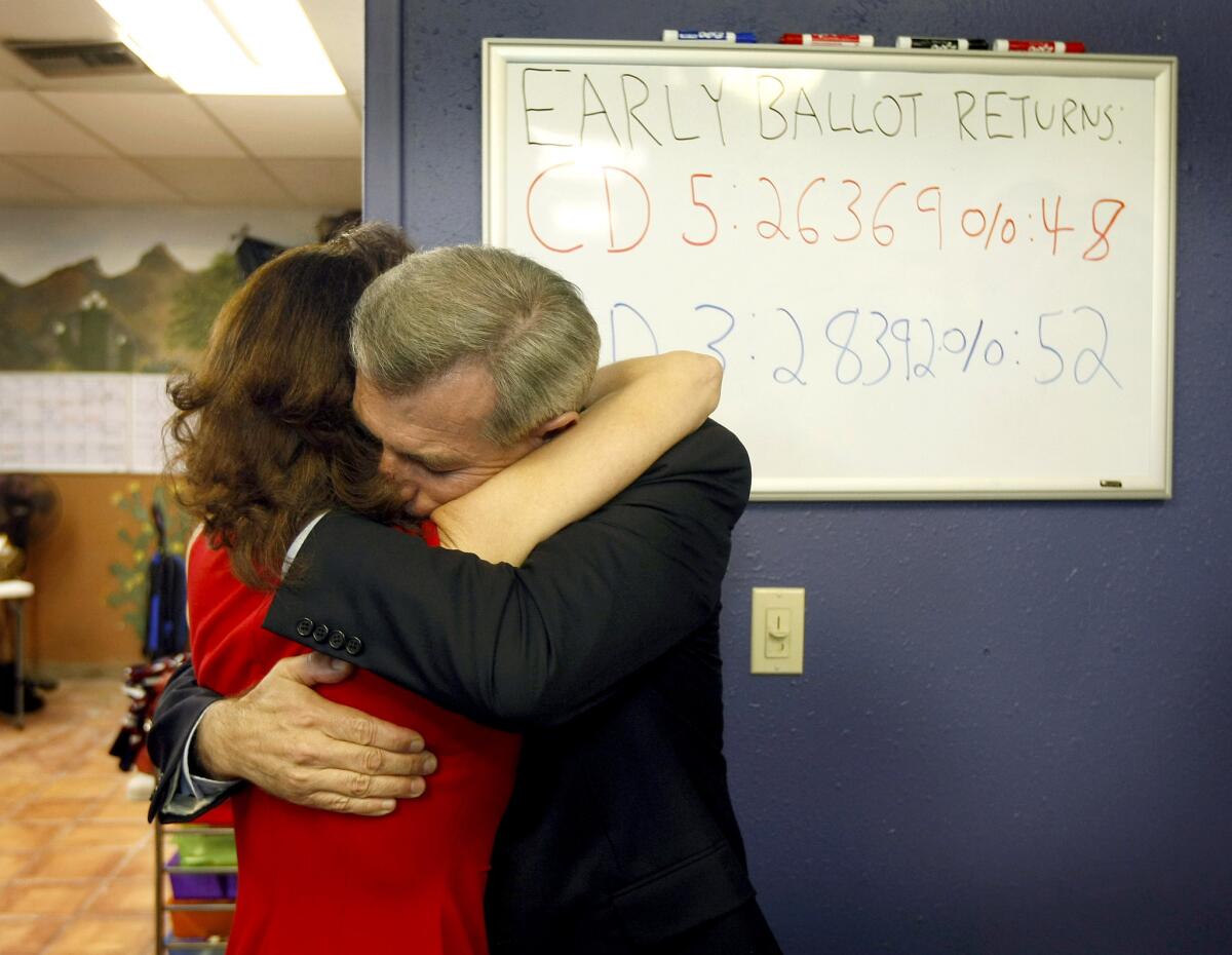 Arizona Rep. David Schweikert hugs wife Joyce in reaction to early election results from his campaign headquarters in Phoenix.