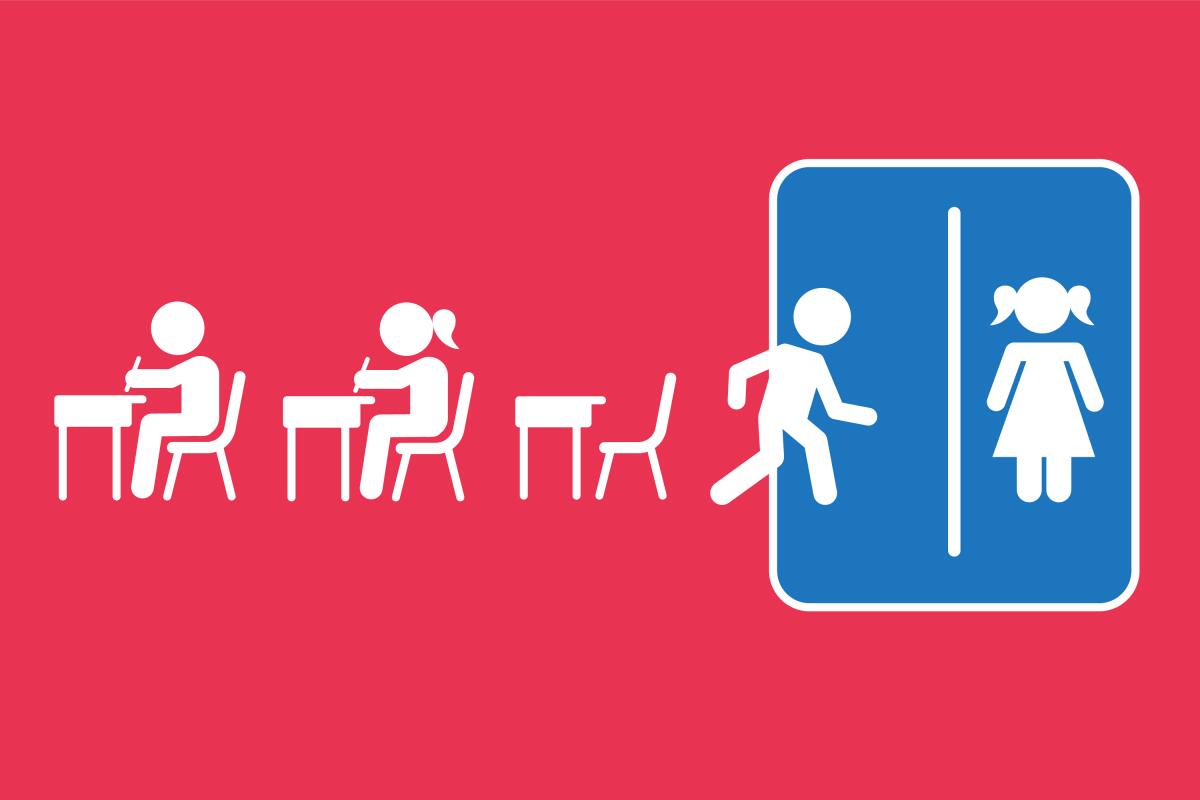 A pictogram illustration of students in a classroom with one leaving their desk to visit the bathroom sign.