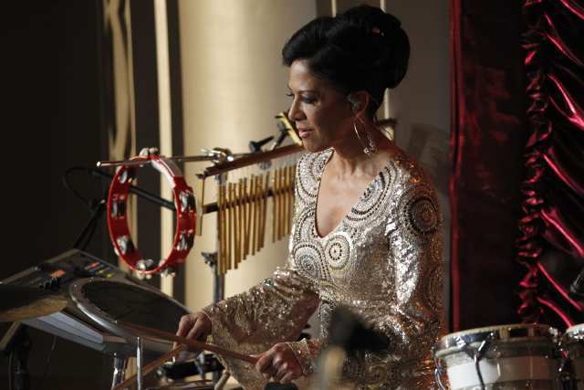 Percussionist Sheila E is a member of the band at the Academy Awards show.