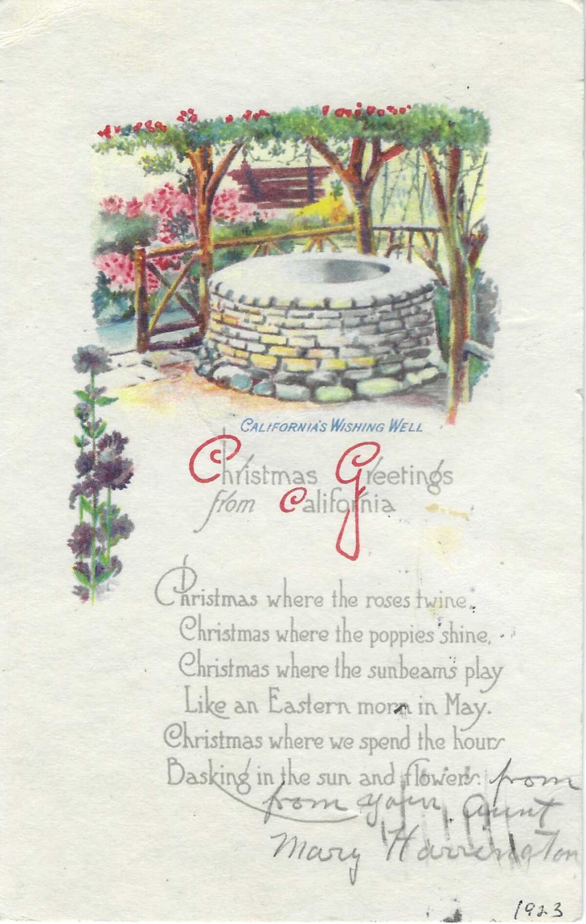 Wünschen Sie gut im Blumenrahmen. Ein Teil des Textes lautet: "Beste Grüße Kalifornien." "Weihnachtsgrüße aus Kalifornien."