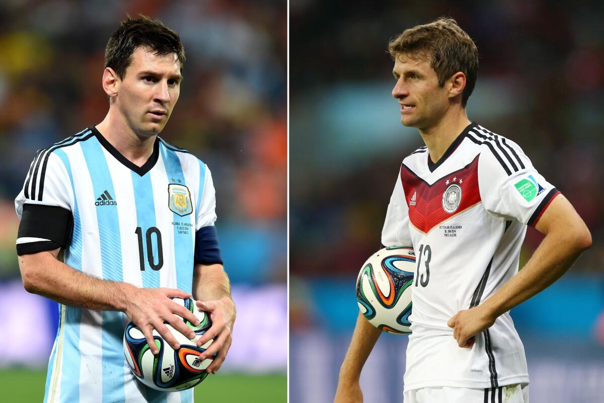 In this composite image a comparison has been made between Lionel Messi of Argentina and Thomas Mueller of Germany. Germany and Argentina play each other in the 2014 FIFA World Cup Brazil Final on July 13, 2014 in the Maracana Stadium in Rio De Janeiro,Brazil.