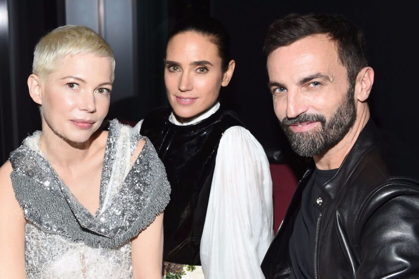 Mandatory Credit: Photo by Clint Spaulding/WWD/REX/Shutterstock (9176494a) Michelle Williams, Jennifer Connelly and Nicolas Ghesquière Louis Vuitton 'Volez, Voguez, Voyagez' exhibition opening, After Party, New York, USA - 26 Oct 2017