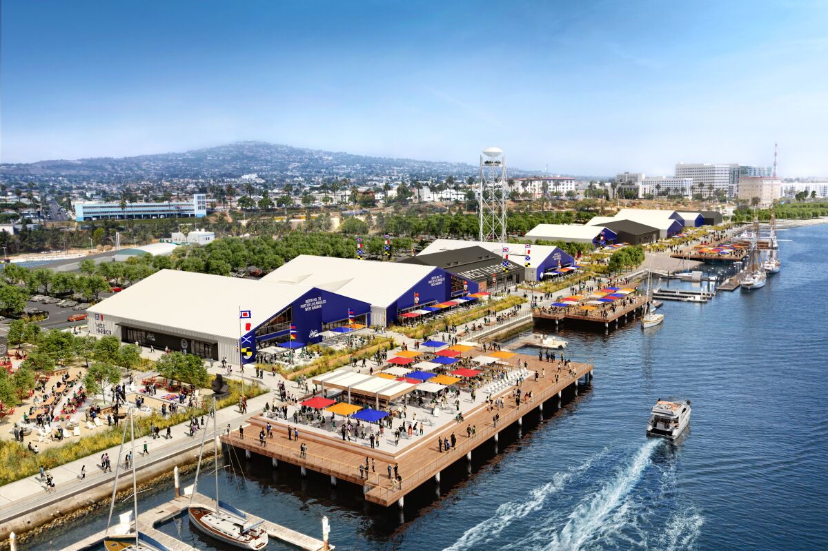 A rendering of a harbor-front dining, entertainment and shopping complex