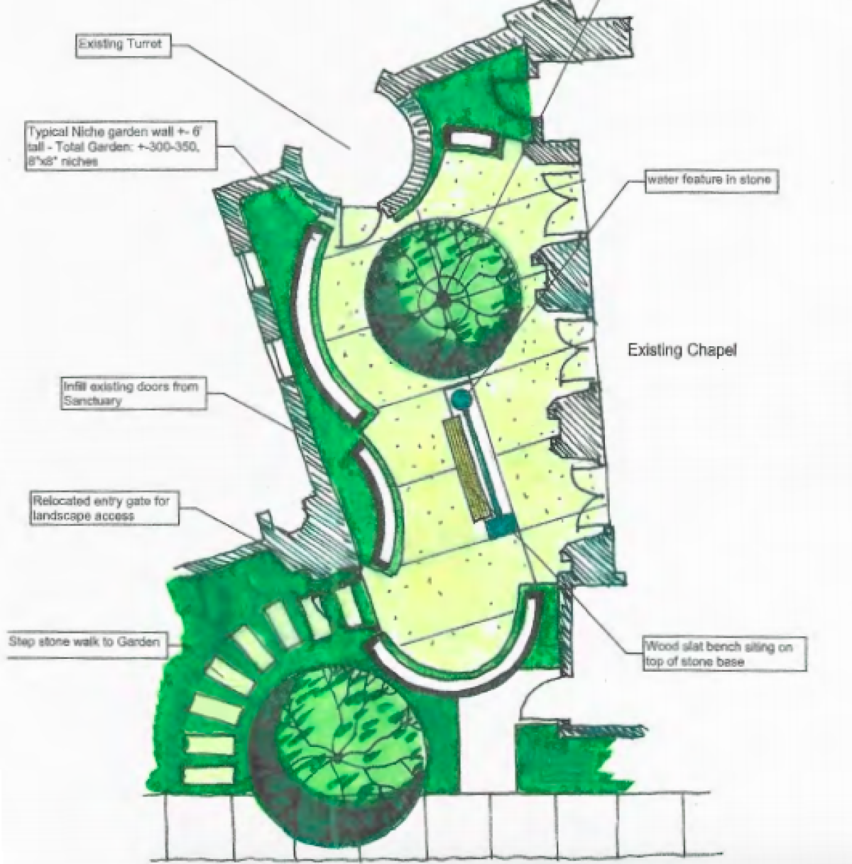 The Village Church's plan for a columbarium in their prayer garden.