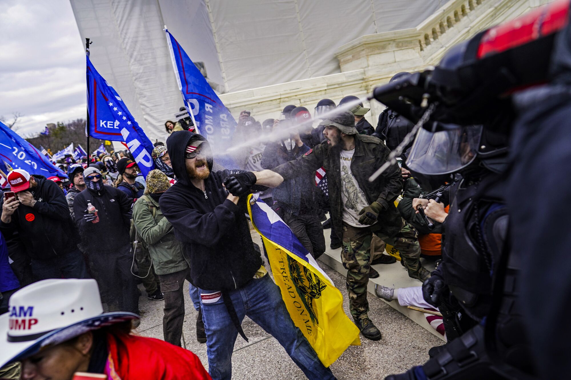 A police officer sprays a rioter. 