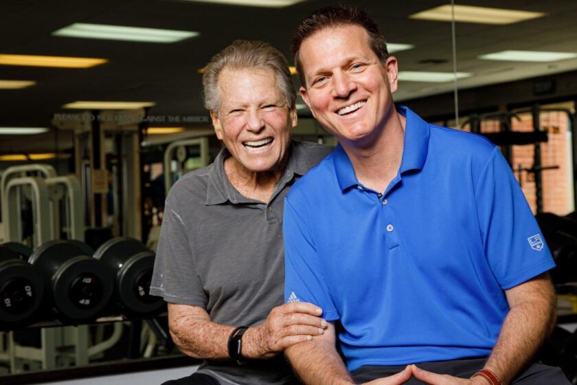 LOS ANGELES, CALIF. -- TUESDAY, JUNE 11, 2019: Ryan O'Neal and his son, Patrick O'Neal photographed at the PRO gym, in Los Angeles, Calif., on June 11, 2019. (Marcus Yam / Los Angeles Times)
