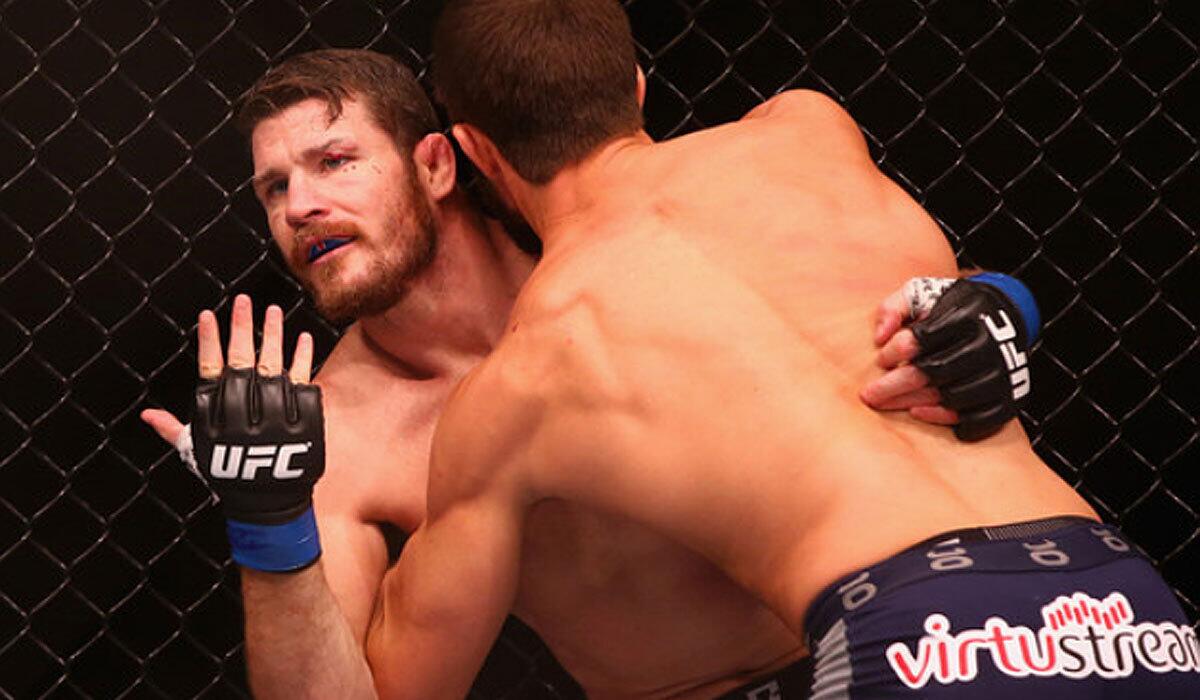 Michael Bisping appeals to the referee after being cut above the eye by Luke Rockhold during UFC Fight Night 55 on Nov. 8, 2014.