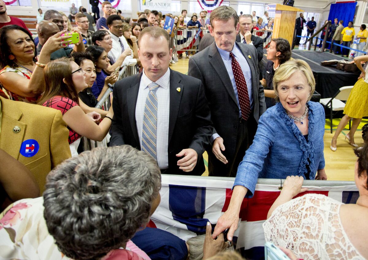 Democratic presidential candidate Hillary Rodham Clinton greets poeple at a grassroots organizing meeting at Philander Smith College Monday, Sept. 21, 2015, in Little Rock, Ark. (AP Photo/Gareth Patterson)