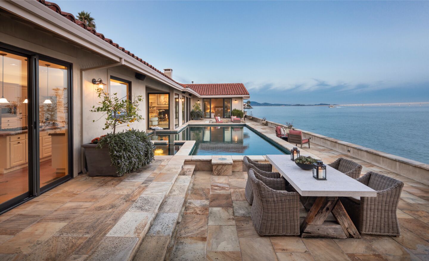 The deck and pool overlooking the bay.