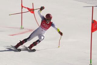 Mikaela Shiffrin of United States races in a quarterfinal in the mixed team parallel skiing.