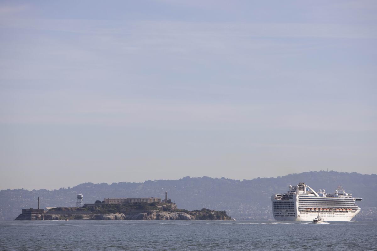 The Grand Princess cruise ship sails into San Francisco Bay.