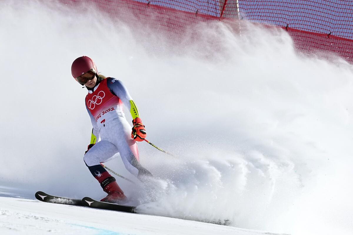 Mikaela Shiffrin makes her way to the finish line after missing a gate.