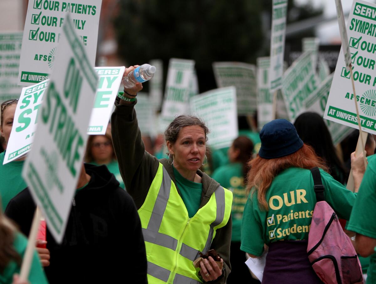 AFSCME 3299 President Kathryn Lybarger led a two-day strike at UC campuses and medical centers in May. The union and UC on Friday announced a contract settlement.