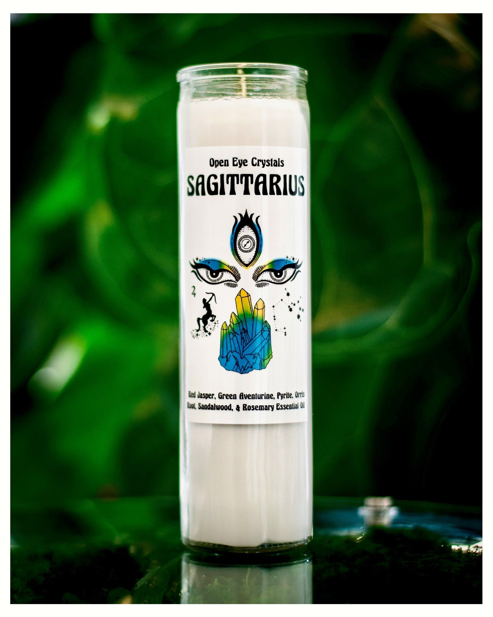A Sagittarius candle from Open Eye Crystals