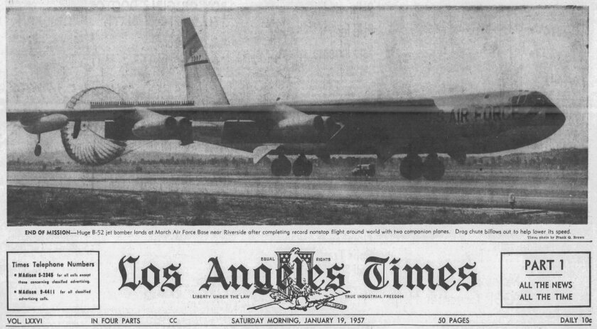 Portion of a newspaper front page with a six-column photo of a jet plane.