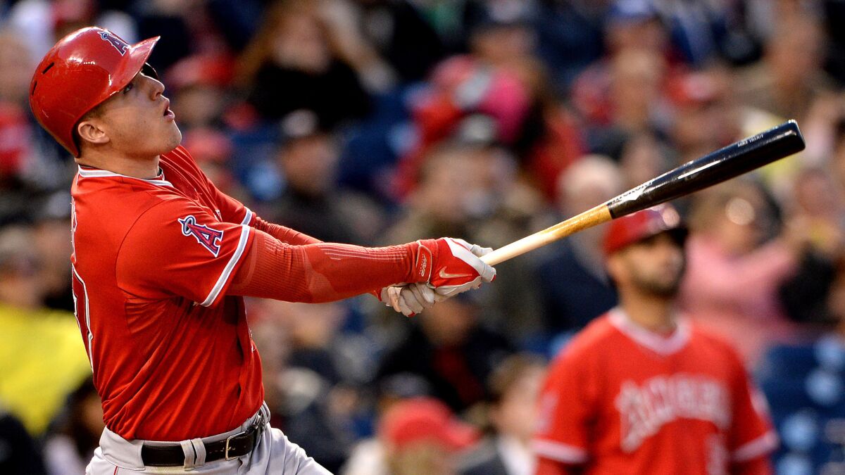 Angels center fielder Mike Trout flies out during a game against the Washington Nationals last month. Trout isn't worried that he has 39 strikeouts in 30 games this season.