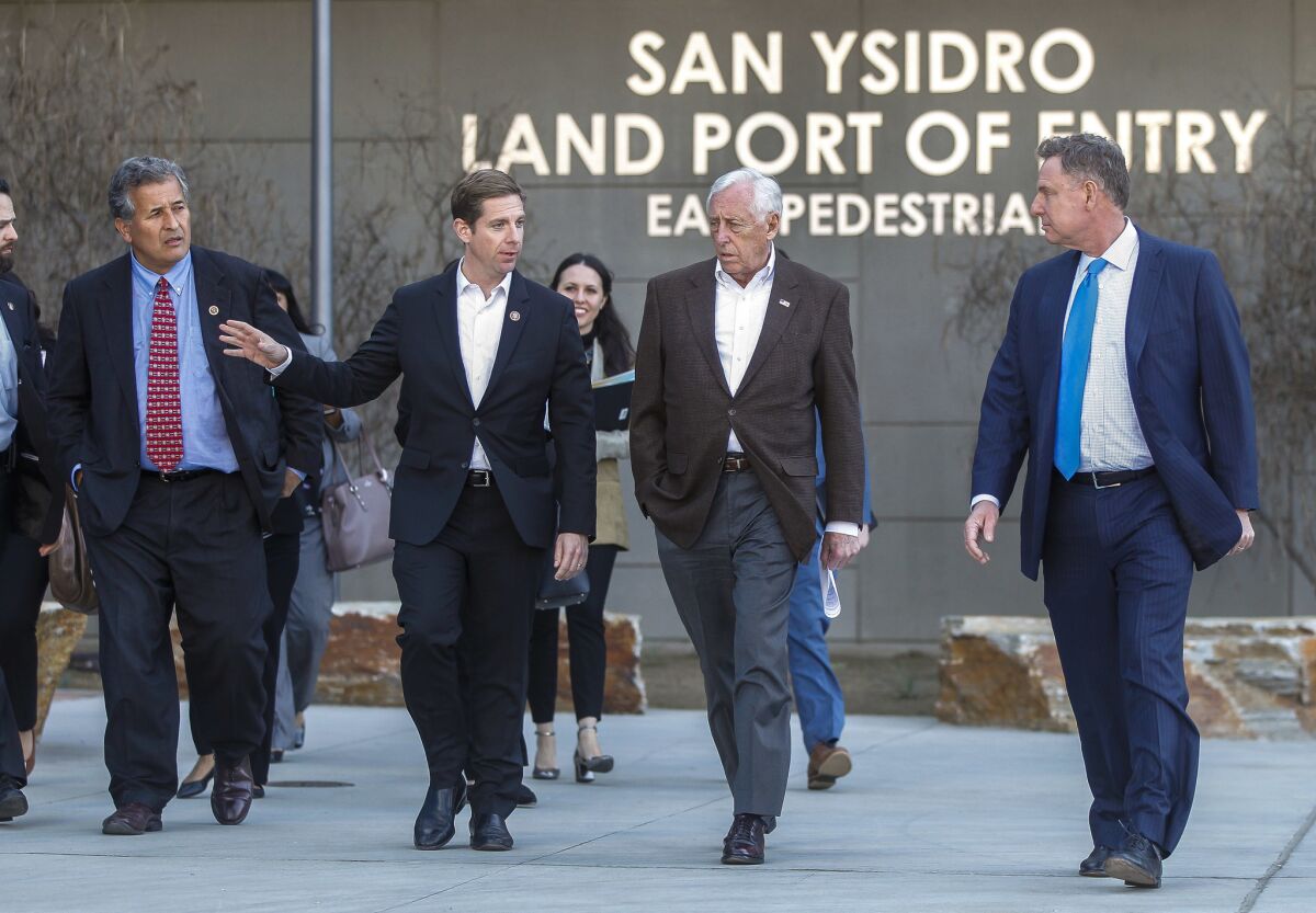 Reps. Juan Vargas (from left), Mike Levin, Steny Hoyer and Scott Peters toured the San Ysidro Port of Entry in January. Peters, Levin and Vargas essentially know who their general election opponents will be weeks before the primary election.