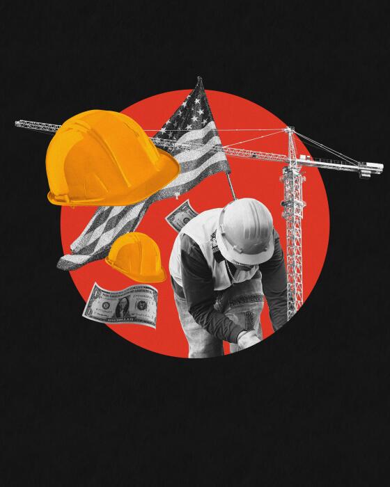 Construction worker with an American Flag behind him and work helmets.