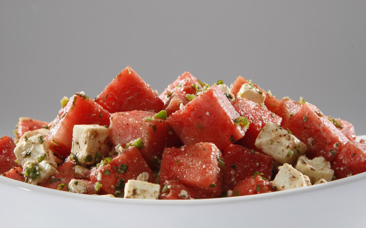 Watermelon salad with feta, mint and cumin-lime dressing