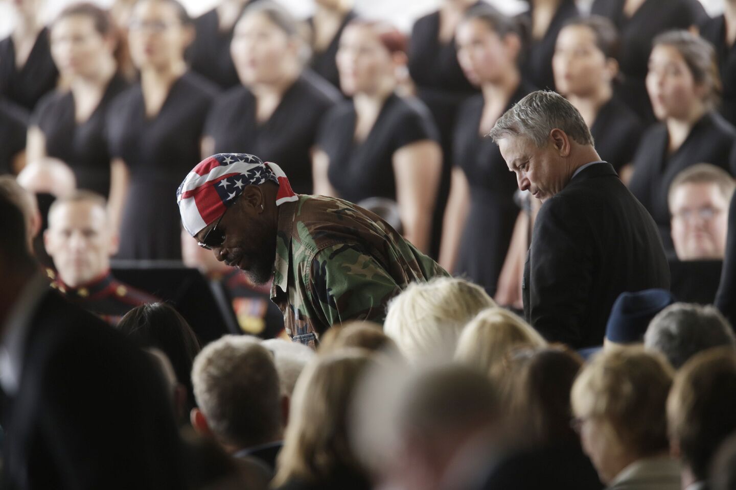 Actors Mr. T, left, and Gary Sinise arrive for the funeral of former First Lady Nancy Reagan at the Ronald Reagan Presidential Library in Simi Valley.