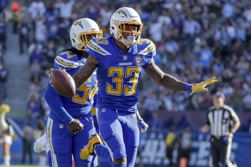 CARSON, CA, SUNDAY, NOVEMBER 25, 2018 - Chargers safety Derwin James celebrates after intercetpting a pass from Cardinals quarterback Josh Rosen at StubHub Center.(Robert Gauthier/Los Angeles Times)