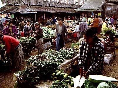 Patrons shop at a vegetable and flower market in Thandwe.