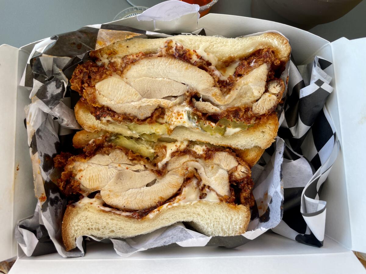 The fried chicken sandwich from the Pecking House pop-up on Sawtelle Boulevard in Los Angeles.