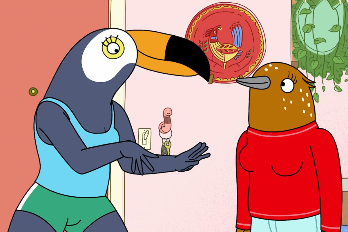 Two animated anthropomorphic birds stand in front of a door.