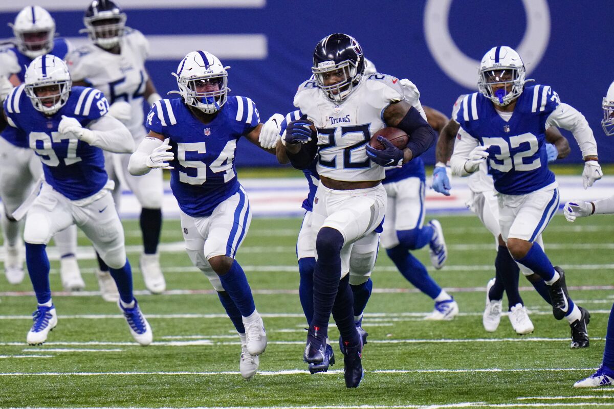 Tennessee Titans running back Derrick Henry runs against the Indianapolis Colts.