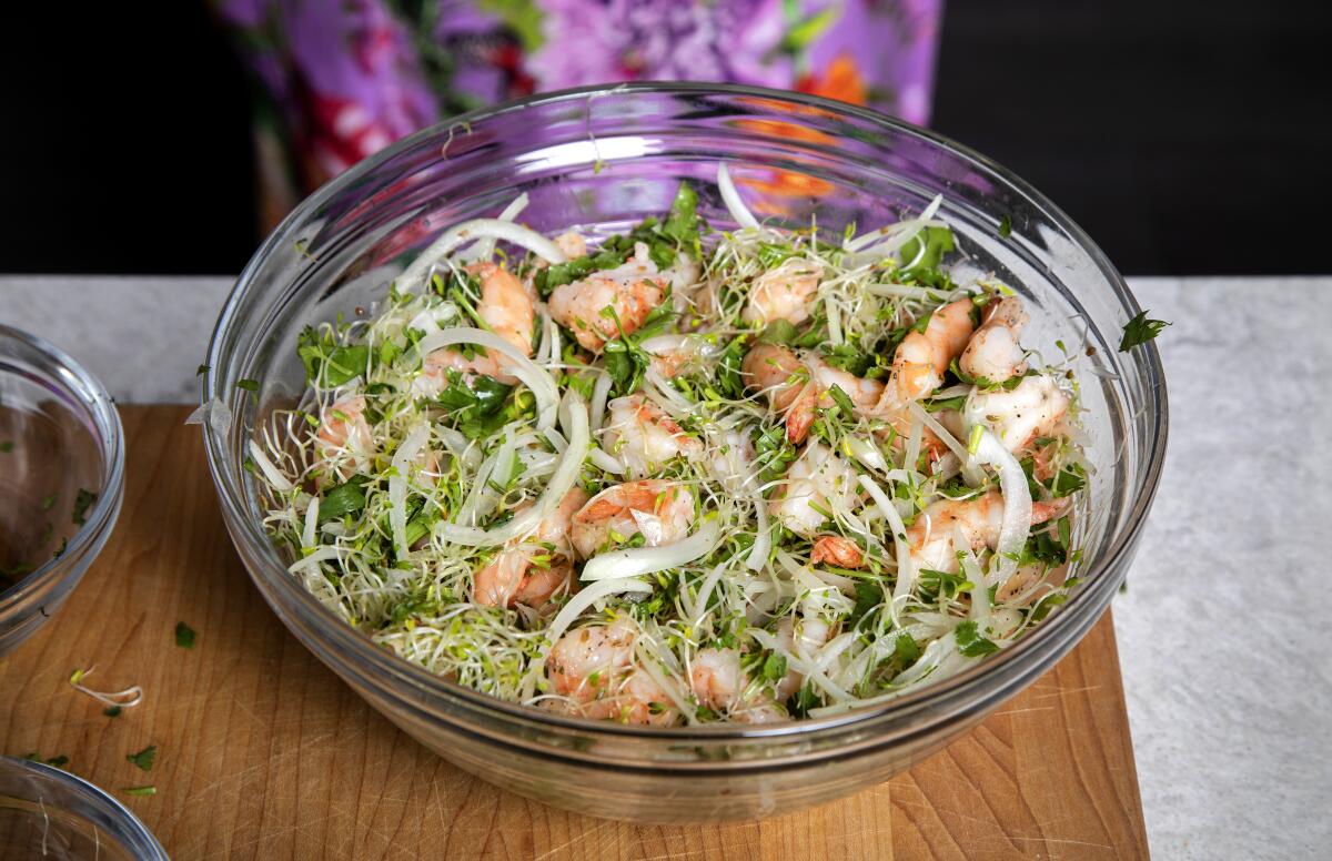 Vallarta-Style Shrimp Salad in a clear bowl.