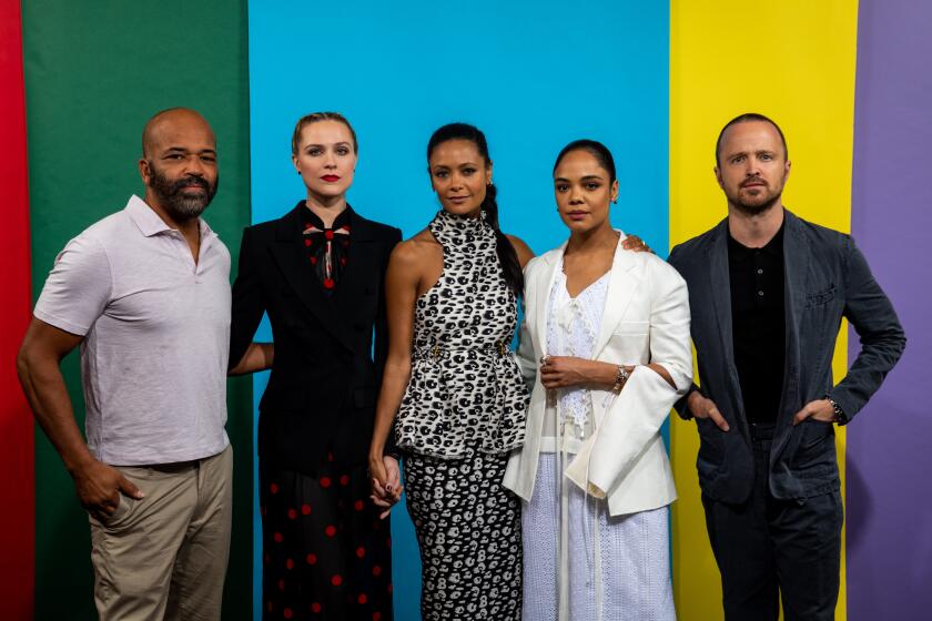 "Westworld" stars Jeffrey Wright, Evan Rachel Wood, Thandie Newton, Tessa Thompson, and Aaron Paul at the L.A. Times Photo and Video Studio at Comic-Con 2019.