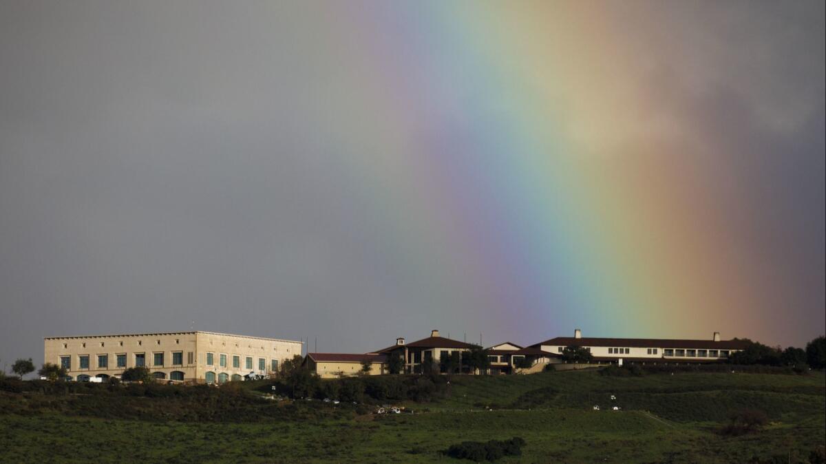 A rainbow shines above the Ronald Reagan Presidential Library in Simi Valley in February, a month with strong storms thanks to atmospheric river weather systems.