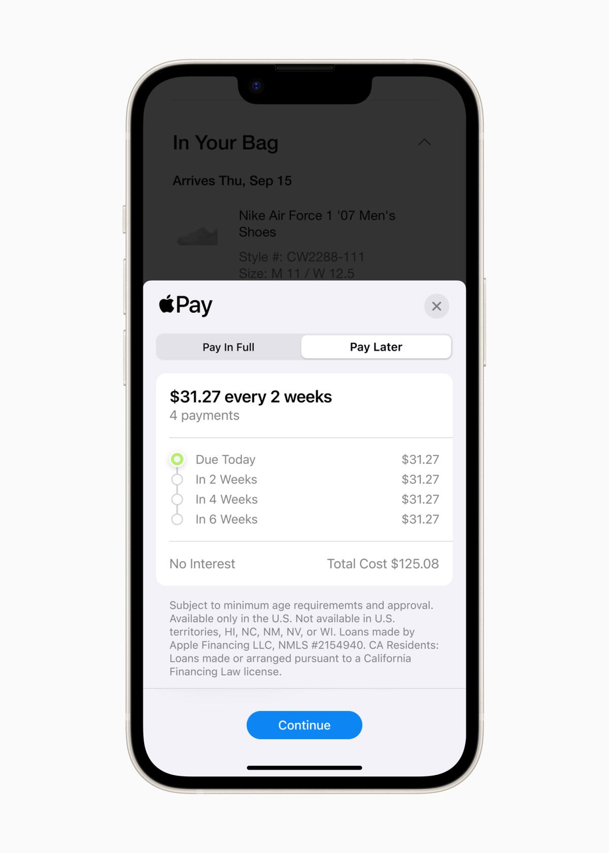 An image of the Apple Pay Later payment interface on an iPhone screen.