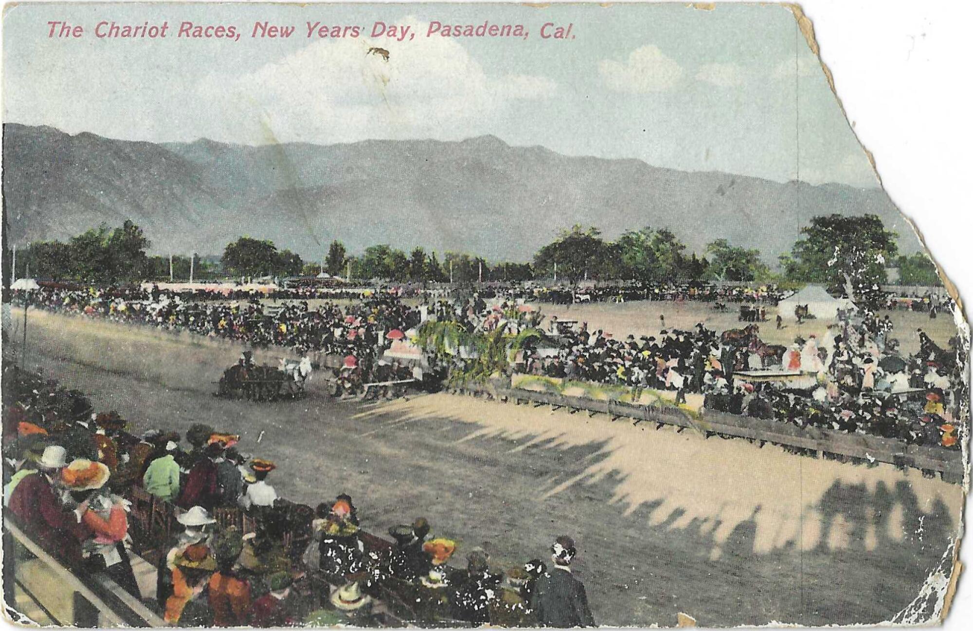 A vintage postcard with a large section missing from the top right corner depicts a Tournament of Roses chariot race.