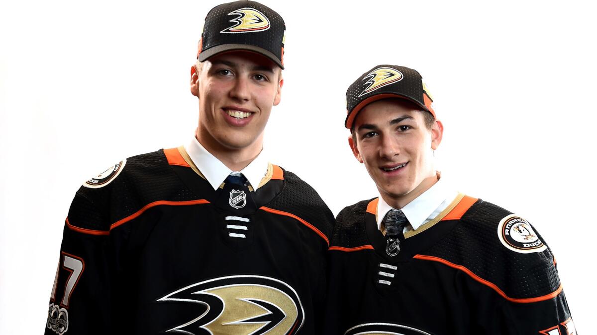 Maxime Comtois, left, and Antoine Morand were selected 10 picks apart by the Ducks during the NHL entry draft.
