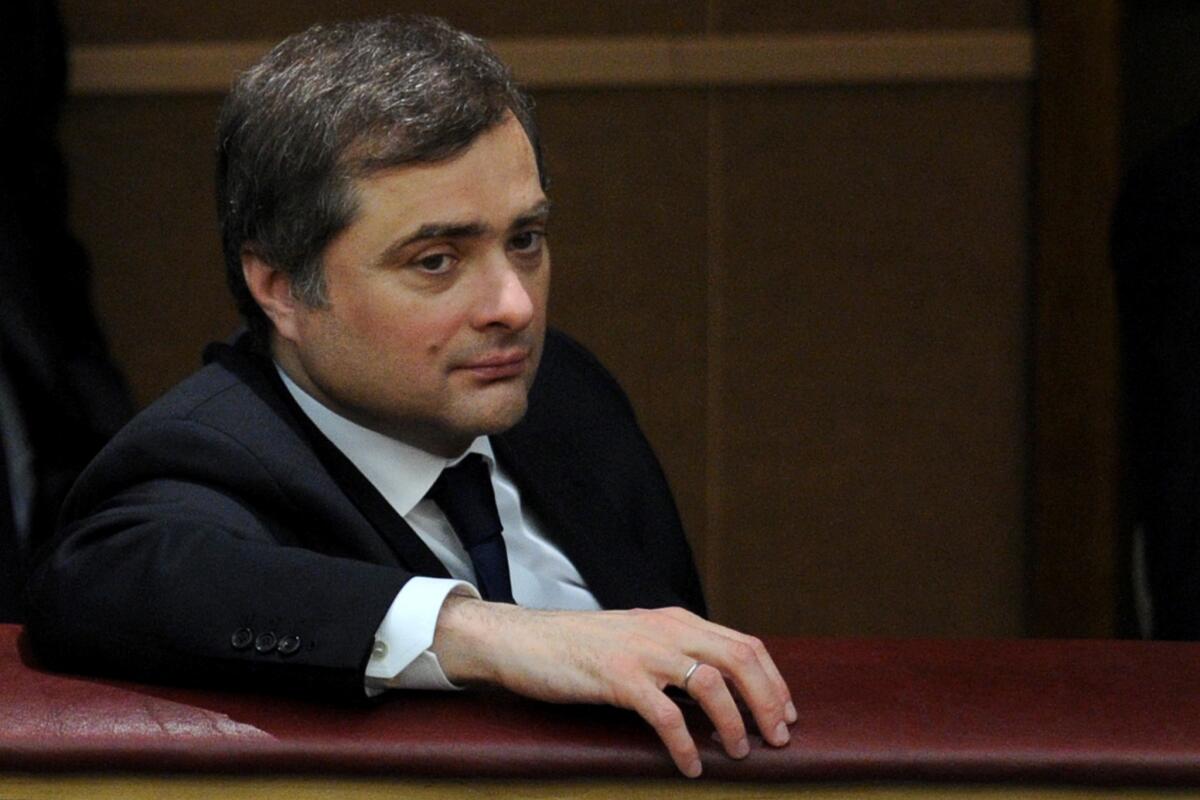 Russia's then-deputy prime minister, Vladislav Surkov, listens to a speech in the lower house of parliament in Moscow.