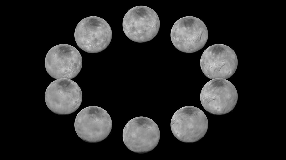 This photo taken by NASA’s New Horizons spacecraft shows images of Charon, the largest of Pluto’s five moons, representing one full rotation during an unprecedented flyby in July 2015.