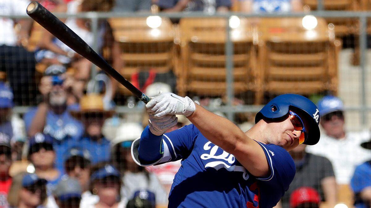 The Dodgers' Joc Pederson, shown batting against the Los Angeles Angels, had an RBI single Sunday against the Royals.