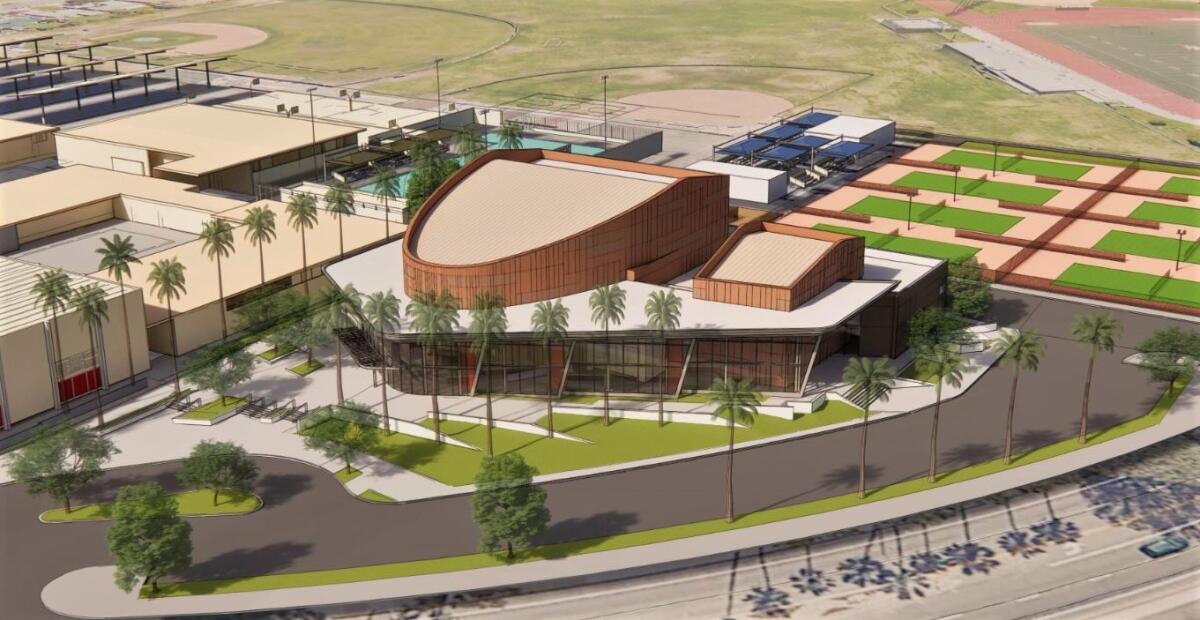 A rendering of a new theater at Estancia High School situated on the northeast end of campus near Placentia Avenue.