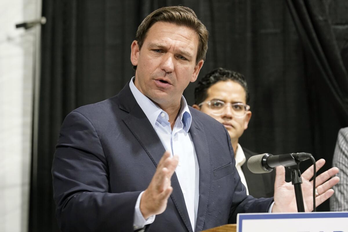 FILE - In this Wednesday, Aug. 18, 2021 file photo, Florida Governor Ron DeSantis speaks at the opening of a monoclonal antibody site in Pembroke Pines, Fla. Florida Gov. Ron DeSantis has appealed a judge’s ruling that the governor exceeded his authority in ordering school boards not to impose strict mask requirements on students to combat the spread of the coronavirus. The governor’s lawyers took their case Thursday, Sept. 2, 2021 to the 1st District Court of Appeal in Tallahassee. (AP Photo/Marta Lavandier)