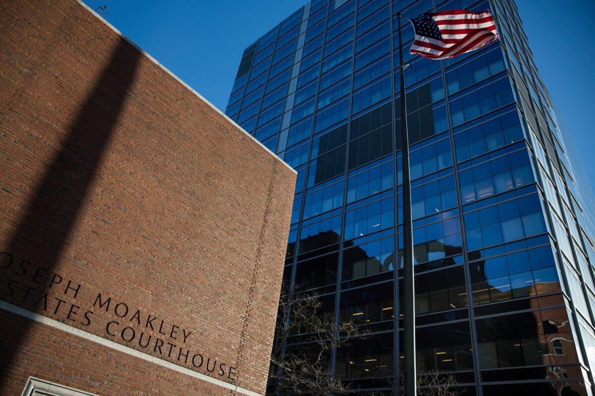 The federal courthouse in Boston where jury selection began Monday in the Boston Marathon bombing case.