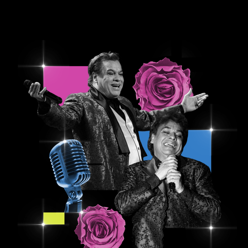 Collage of Juan Gabriel plus flowers and a microphone