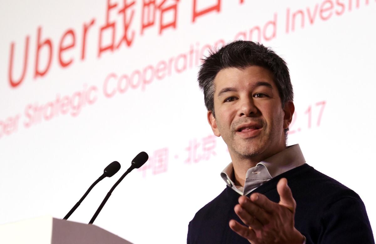 Uber Chief Executive Travis Kalanick said last year that he liked the idea of self-driving cars and saw potential for them to lower costs. Above, Kalanick at a technology conference in Beijing in December.