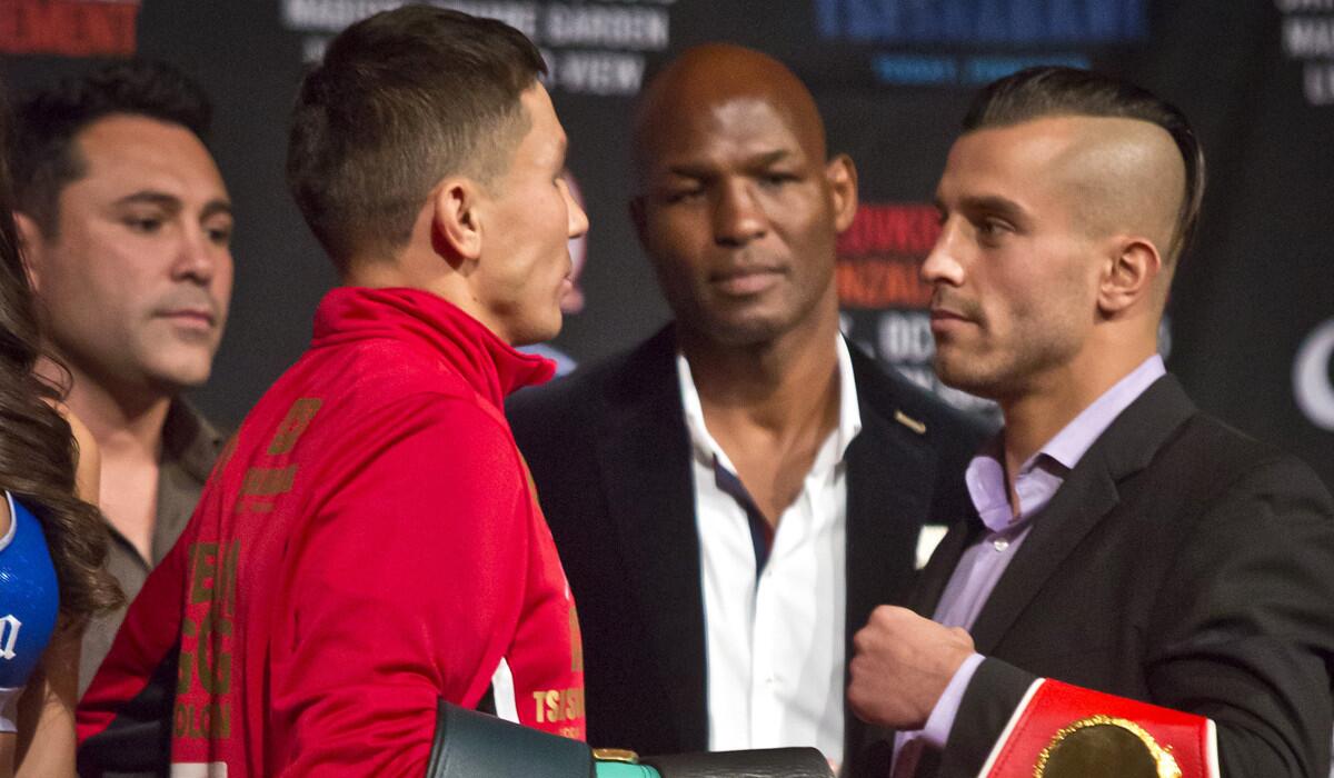 IBF middleweight champion David Lemieux, right, and WBA middleweight boxing champion Gennady Golovkin, during their face-off at the final press conference at Madison Square Garden on Wednesday.