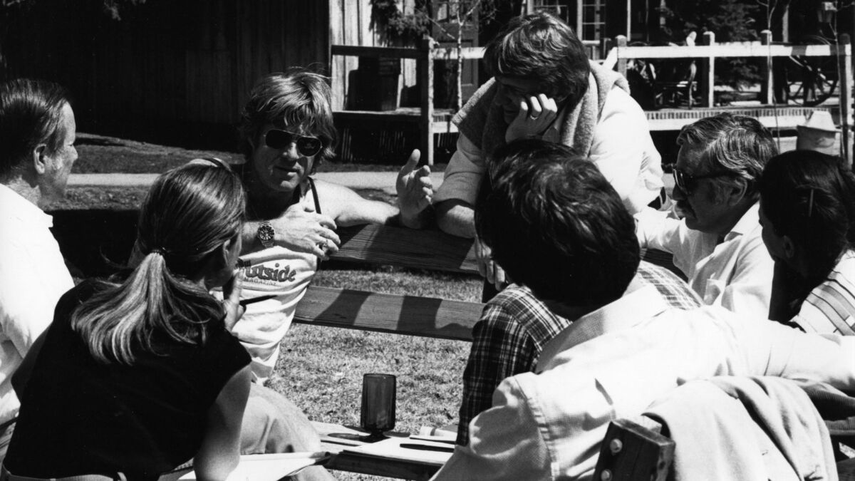 Sterling Van Wagenen, center top, with Robert Redford, facing camera left, and other participants at the first Filmmakers Lab in 1981, an early project of the Sundance Institute.