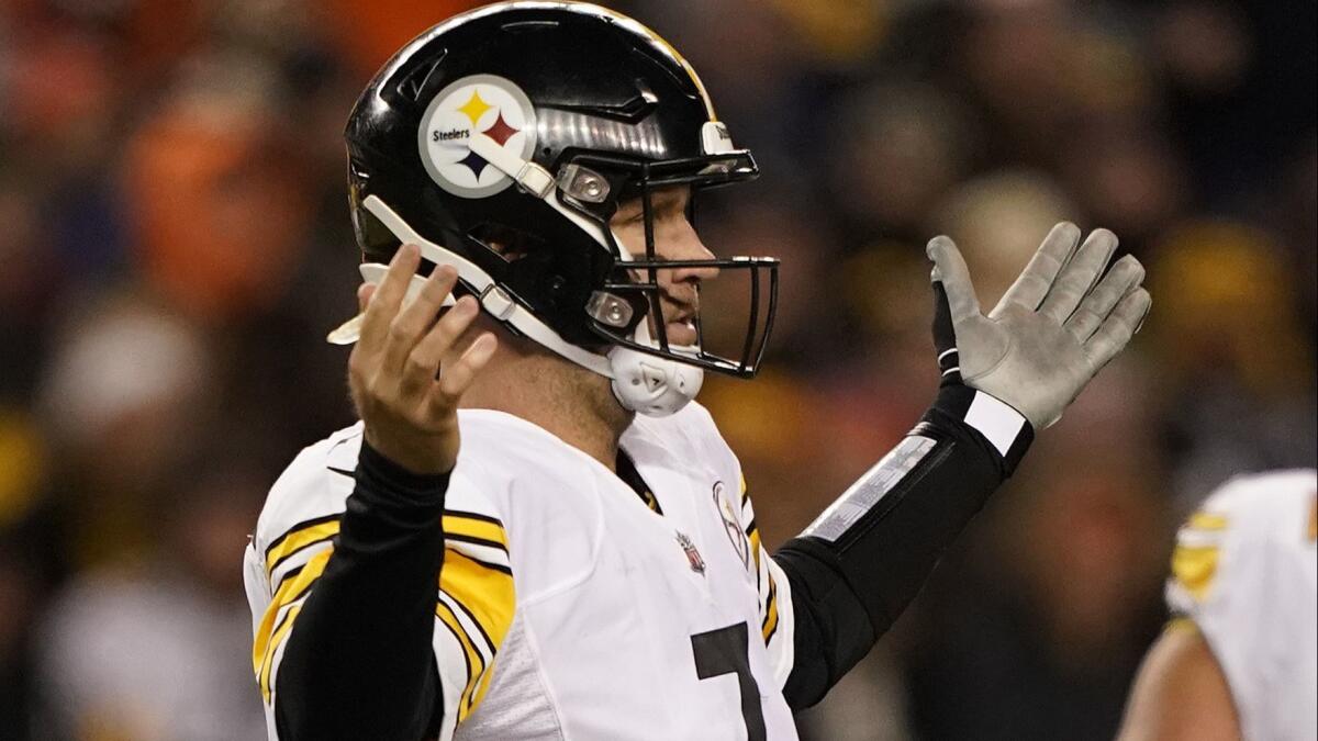 Pittsburgh Steelers quarterback Ben Roethlisberger (7) looks for a call during the second half against the Denver Broncos.