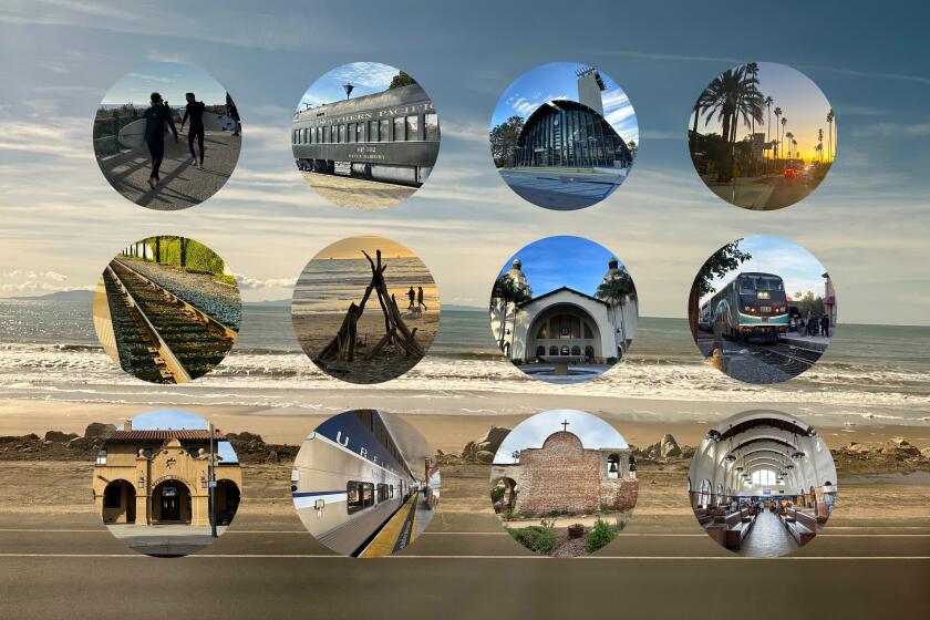circular photo montage of beach scenes, trains, and california weekend destinations 