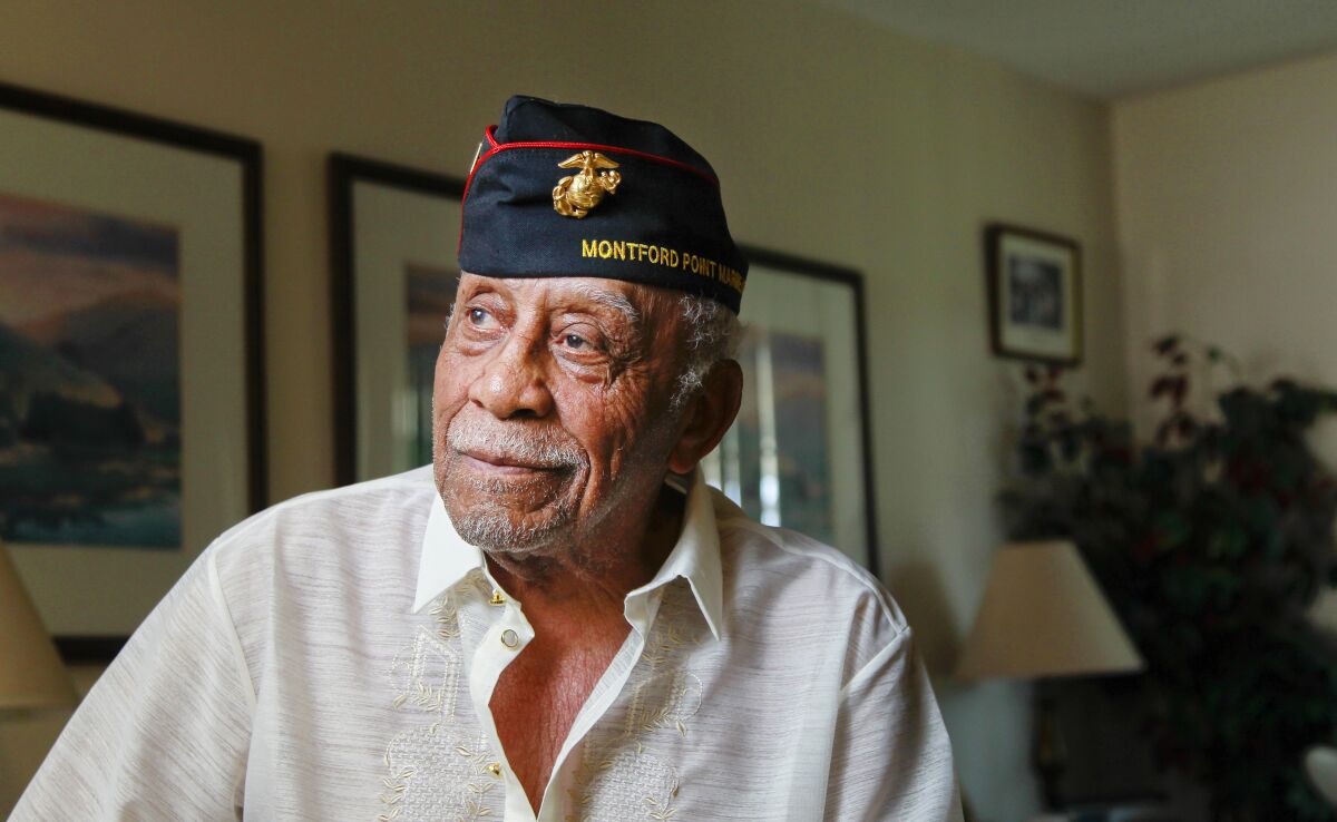 U.S. Marine Corps veteran Robert L. Moore poses for photos at his home on August 14, 2019 in Oceanside, California. Moore, 90, is one of the region's last surviving members of the Montford Point Marine Association which was a segregated boot camp from WWII.